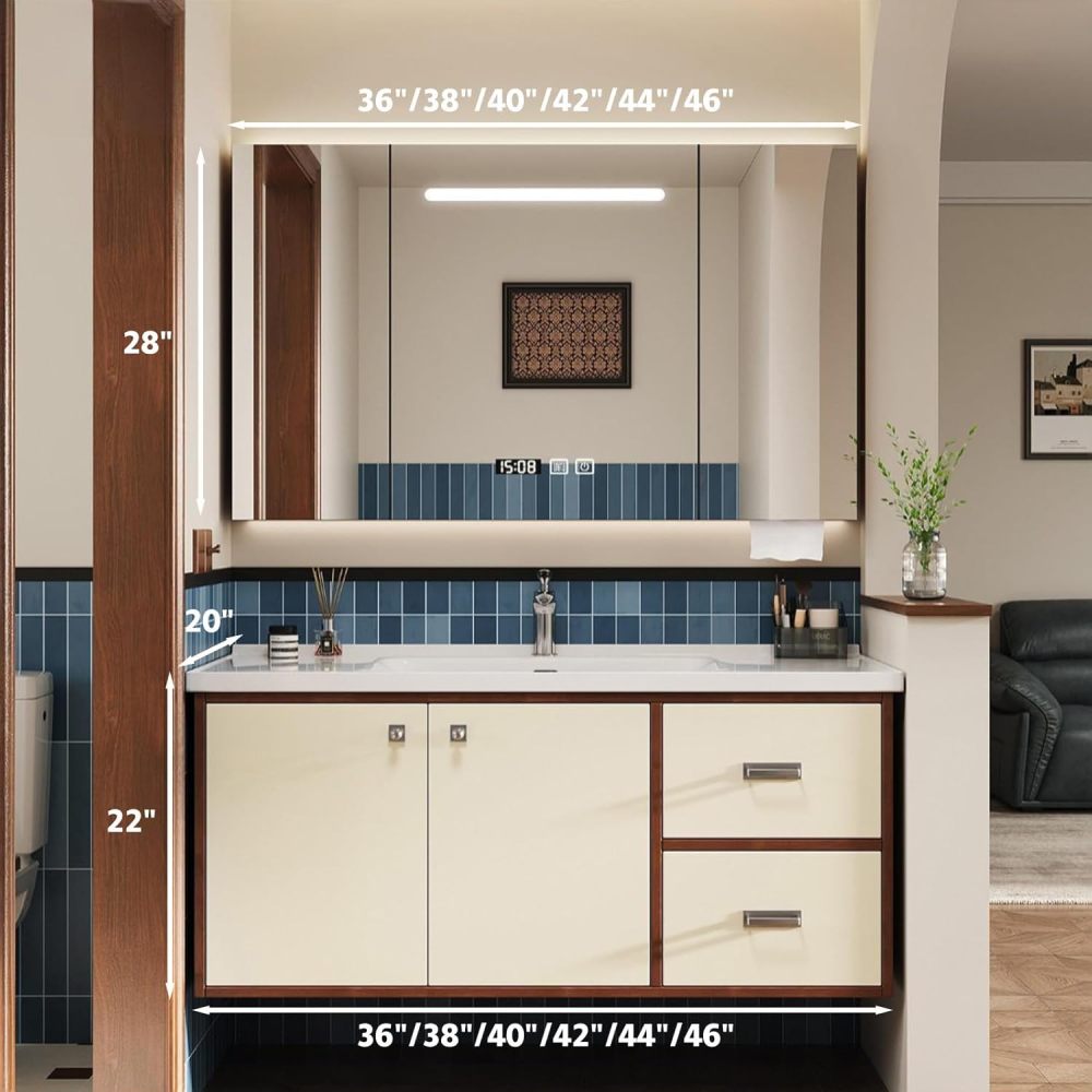 52IN Modern Solid Wood Bathroom Vanity with Sink - Floating Vanity Cabinet, Intelligent Defogging Mirror, One-Piece Stone Sink, Spacious Storage, Waterproof & Customizable Sizes, Mirror C