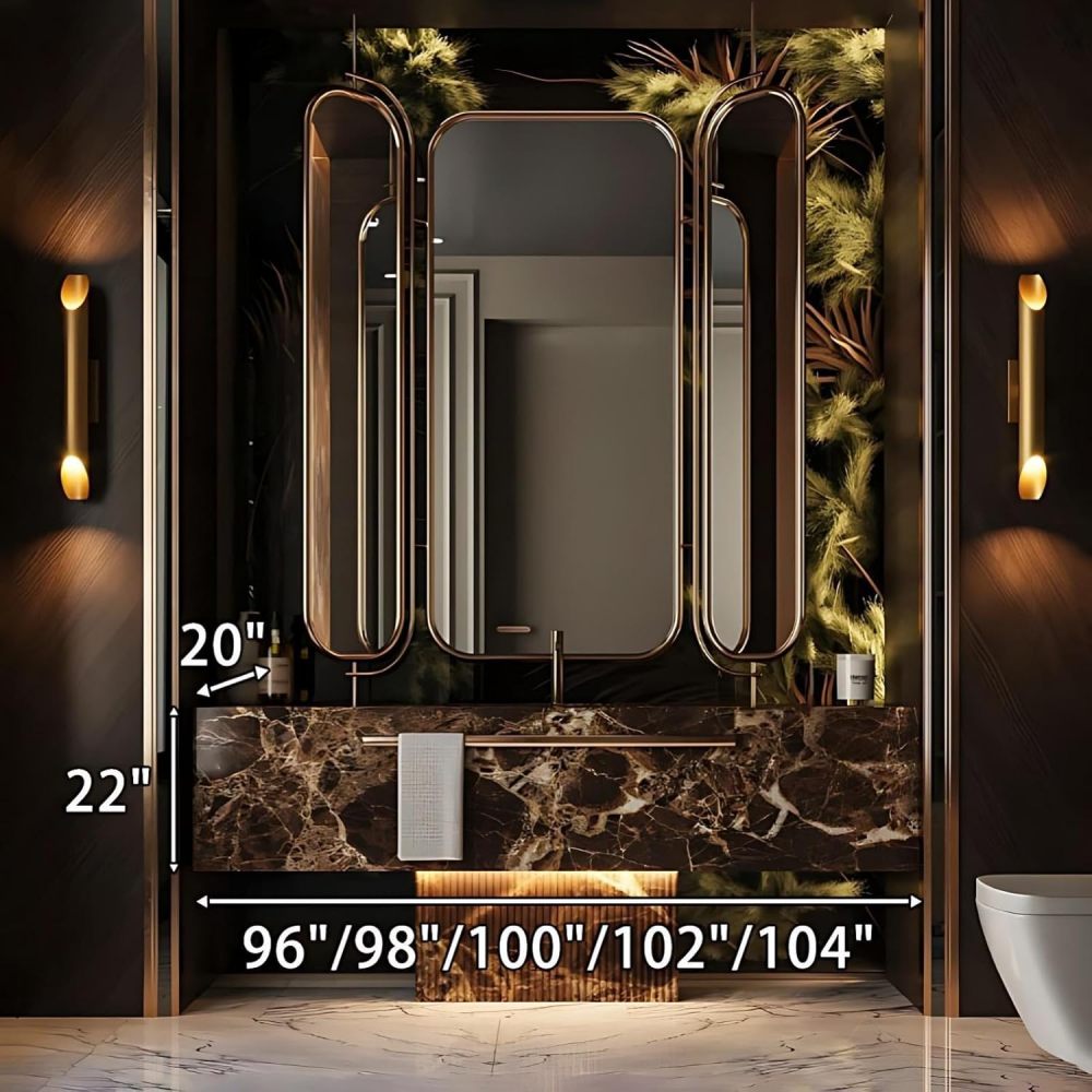 98IN Bathroom Vanity - Luxury Bathroom Vanity with Smart Defog Mirror, One-Touch Defog, Floating Sink Cabinet with Seamless Sink & Towel Rack, No Assembly Required, Brown