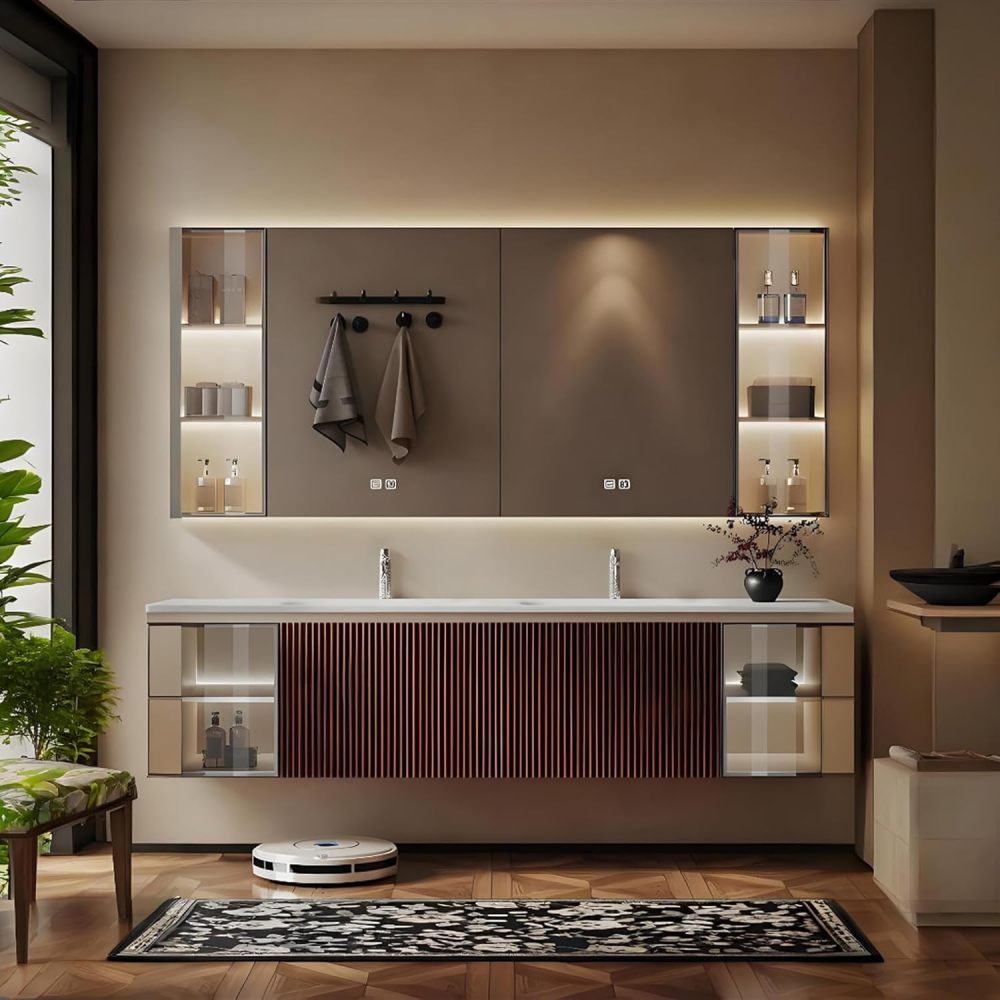 66IN Modern Solid Wood Bathroom Vanity with Sink - Double Floating Sink Design, Bathroom Vanity Cabinet with Smart Anti-Fog Mirror & Ample Storage - Custom, Mirror Cabinet