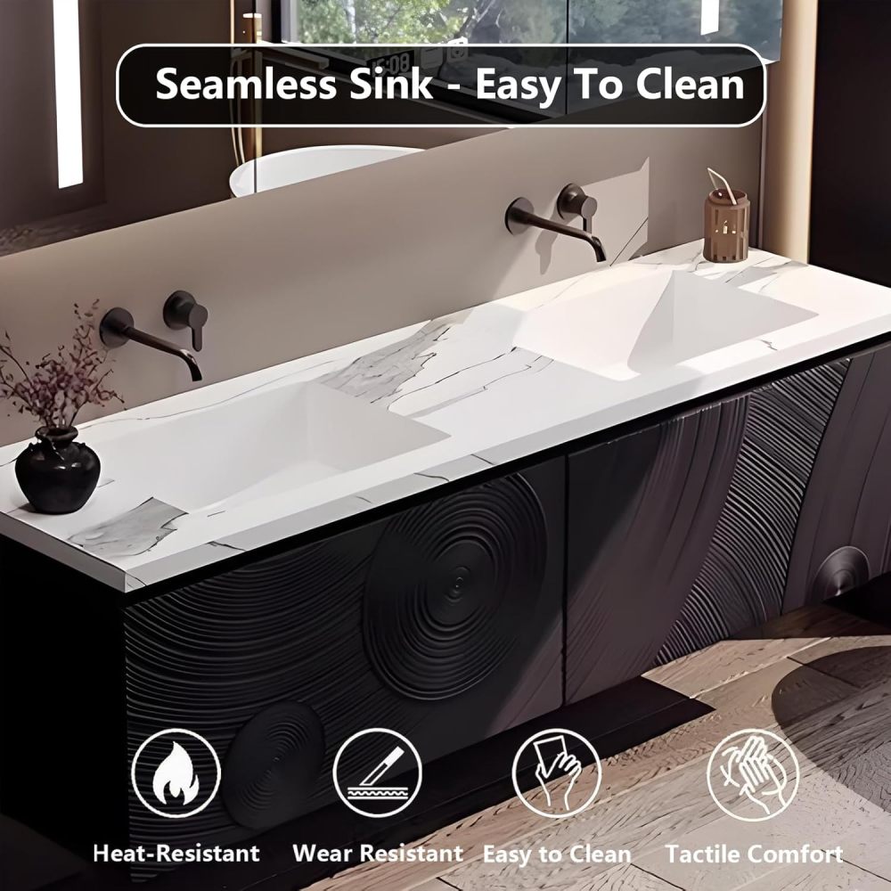 64IN Double Sink Bathroom Vanity - Luxury Bathroom Vanity with Smart Defog Mirror, One-Touch Defog & Lighting, Solid Wood Sink Cabinet with 2 Drawers, No Assembly Required, Mirror Cabinet