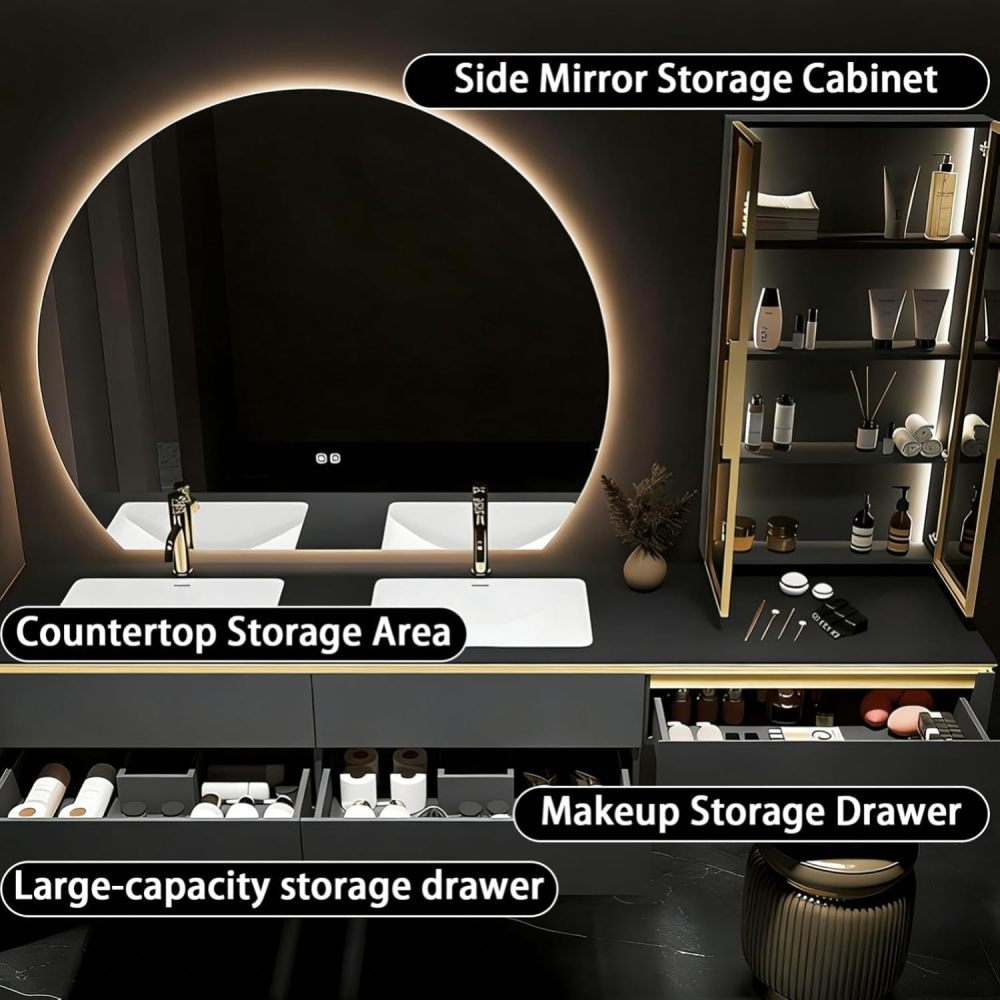 64IN Double Sink Bathroom Vanity - Luxury Bathroom Vanity with Smart Defog Mirror, One-Touch Defog & Lighting, Floating Sink Cabinet with 2 Drawers, Includes a Stool, White
