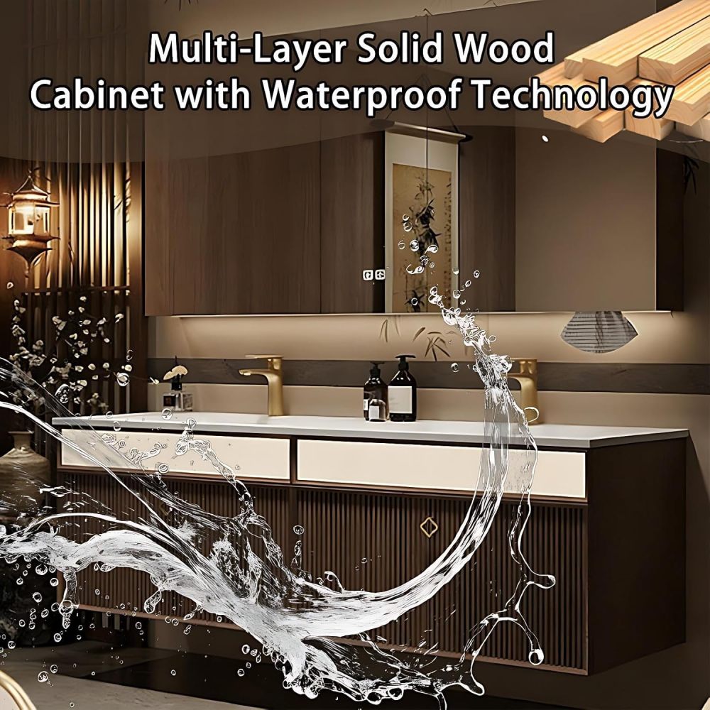 88IN Double Sink Bathroom Vanity - Modern Bathroom Vanity with Smart Defog Mirror & 2 Large Capacity Drawers, Floating Sink Cabinet with Seamless Sink, No Assembly Required, Mirror Cabinet