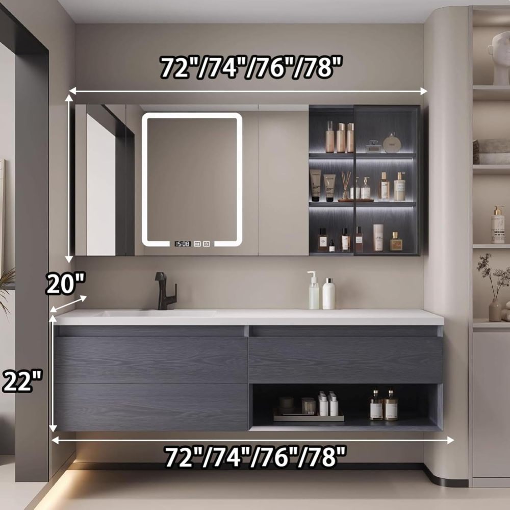 76IN Bathroom Vanity - Modern Bathroom Vanity with Anti-Fog Mirror Cabinet, One-Touch Defog & Lighting, Floating Sink Cabinet with Storage & Seamless Sink, No Assembly Required, Gray