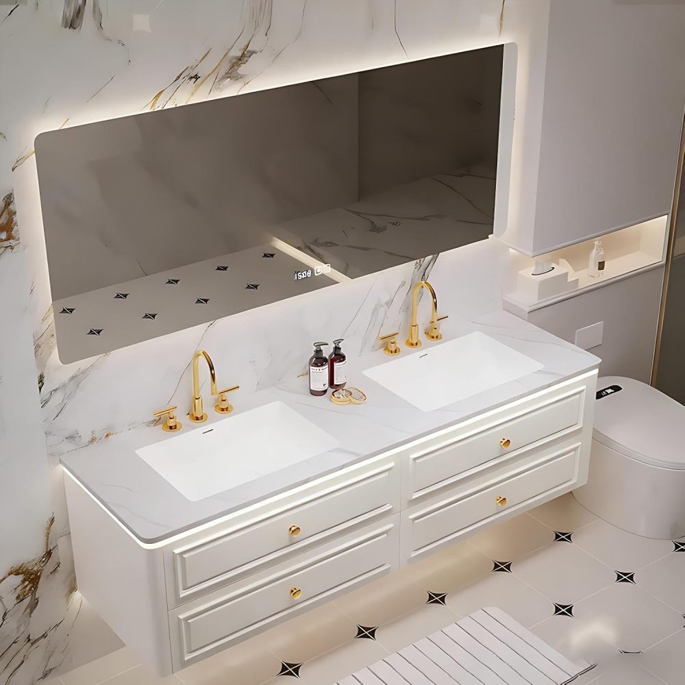 100IN Bathroom Vanity with Sink - Double Bathroom Sink Cabinet with Drawers&Smart Anti-Fog Mirror, Floating Vanity, Multi-Layer Solid Wood, Customizable - Complete Accessories, Mirror