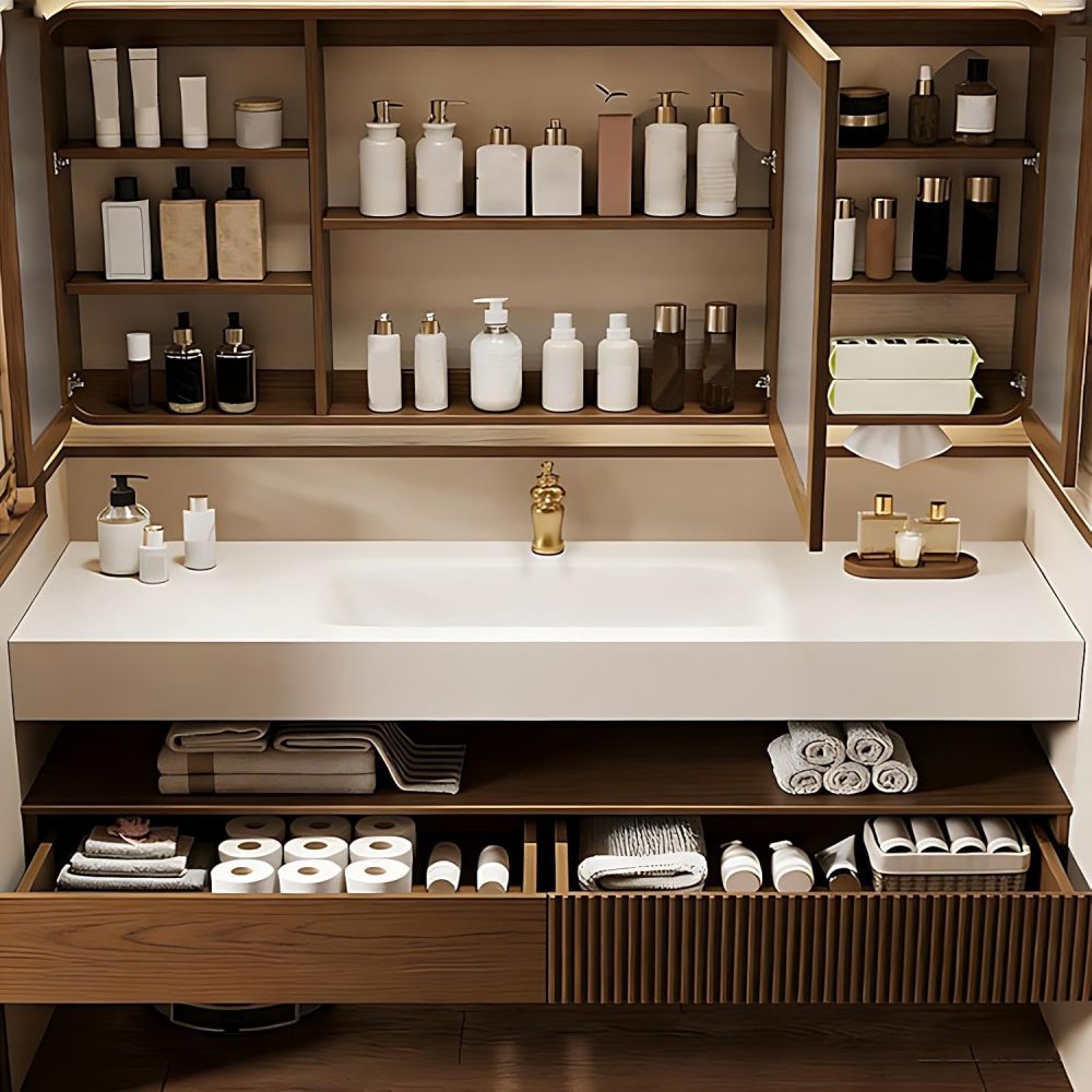 36IN Bathroom Vanity - Solid Wood Bathroom Vanity with Smart Defog Mirror, Floating Sink Cabinet with 2 Large Capacity Drawers, Complete Accessories, No Assembly Required, Mirror Cabinet