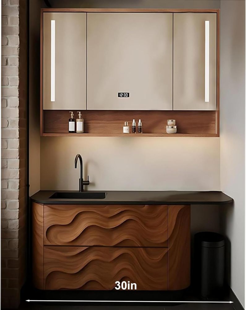 Bathroom Vanity with Sink - Solid Wood Bathroom Vanity with Smart LED Defog Mirror, Floor Mount Sink Cabinet with 2 Drawers (Wood,30IN)
