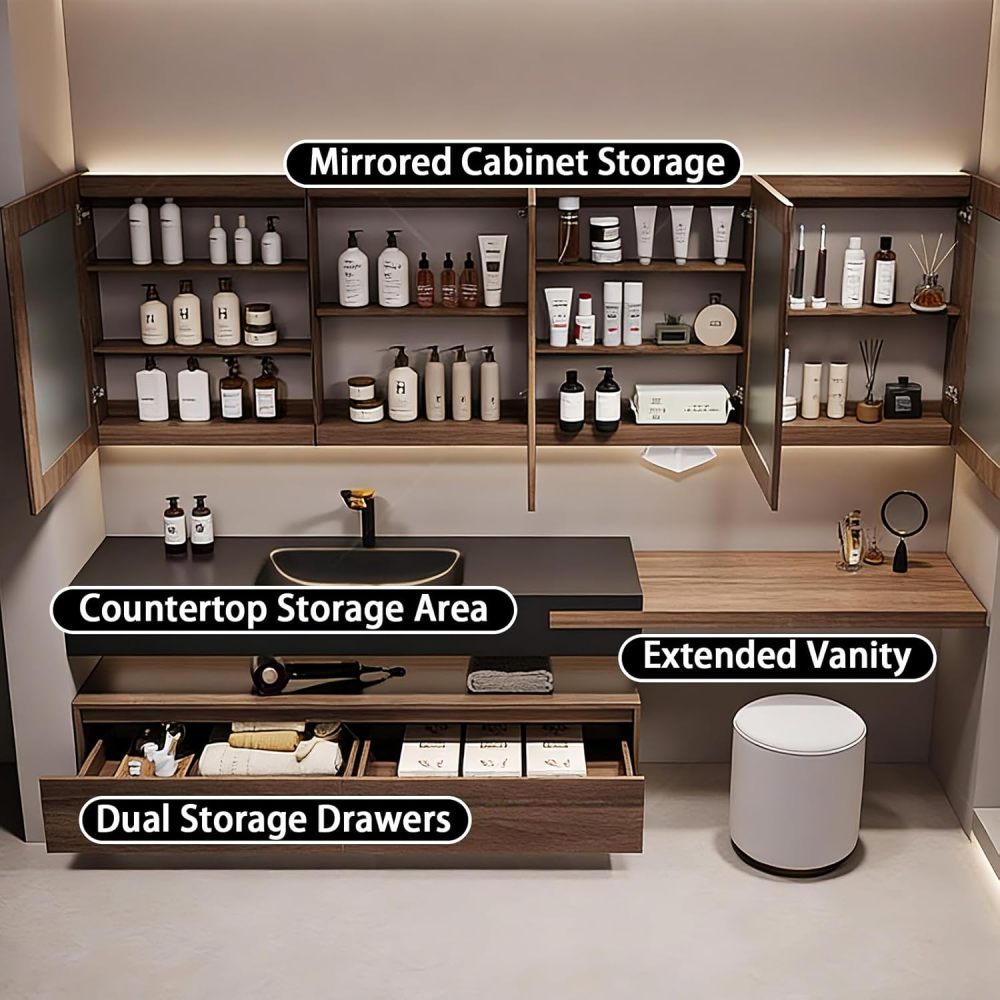 52IN Bathroom Vanity - Stylish Bathroom Vanity with Sink & Multiple Storage Area, Simple Sink Cabinet with Makeup Vanity & Smart Defog Mirror, Includes Makeup Stool, No Assembly Required,
