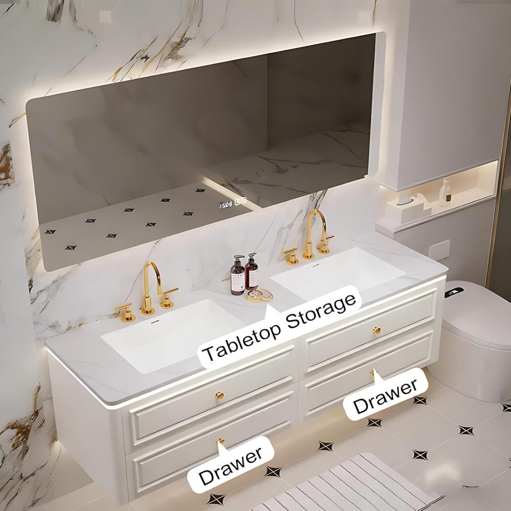 100IN Bathroom Vanity with Sink - Double Bathroom Sink Cabinet with Drawers&Smart Anti-Fog Mirror, Floating Vanity, Multi-Layer Solid Wood, Customizable - Complete Accessories, Mirror
