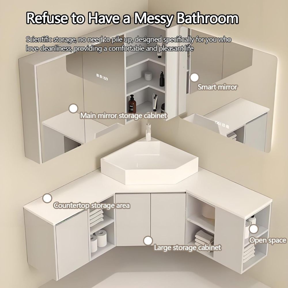 44IN Corner Bathroom Vanity with Sink - Minimalist Bathroom Vanity Cabinet with Smart Defog Mirror & Seamless Integrated Sink, Single Floating Sink - Complete Accessories, White