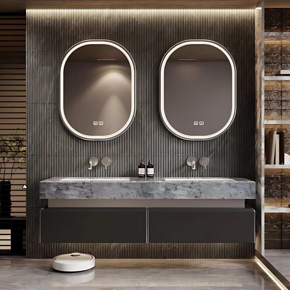 92IN Double Sink Bathroom Vanity - Modern Bathroom Vanity with Smart Defog Mirror, Floating Bathroom Sink Cabinet with 2 Drawers, Complete Accessories, No Assembly Required, Mirror