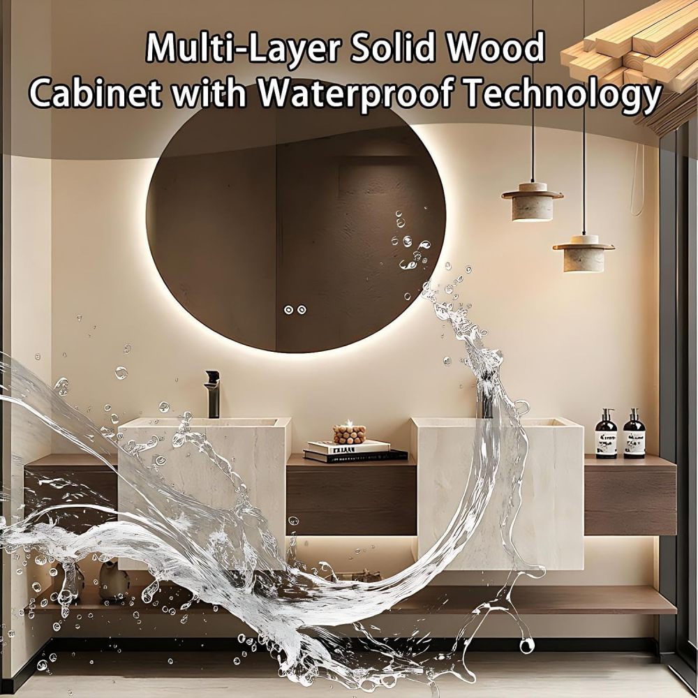 58IN Double Sink Bathroom Vanity - Modern Bathroom Vanity with Smart Defog Mirror, Floating Sink Cabinet with 3 Drawers, Complete Accessories, No Assembly Required, Grey - Mirror