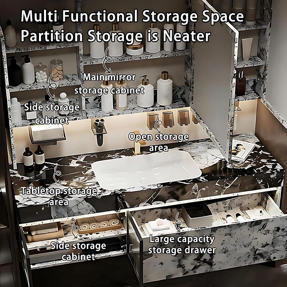 44N Bathroom Vanity with Sink - Luxury Bathroom Vanity with Smart Defog Mirror, Floating Sink Cabinet with Drawers and Cabinet Doors, No Assembly Required, Grey