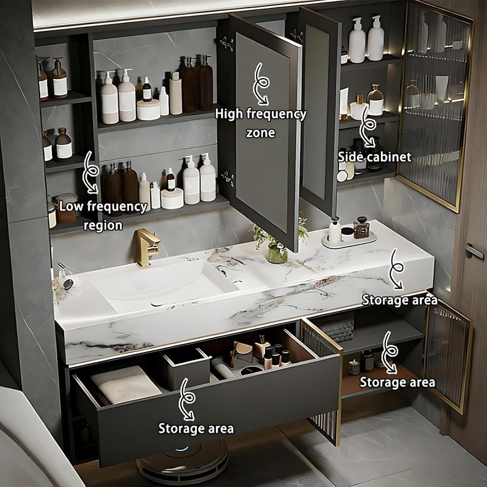 84IN Bathroom Vanity - Floating Bathroom Vanity with Smart Defog Mirror, One-Touch Defog & Lighting, Modern Sink Cabinet with Drawer & Doors, No Assembly Required, Grey