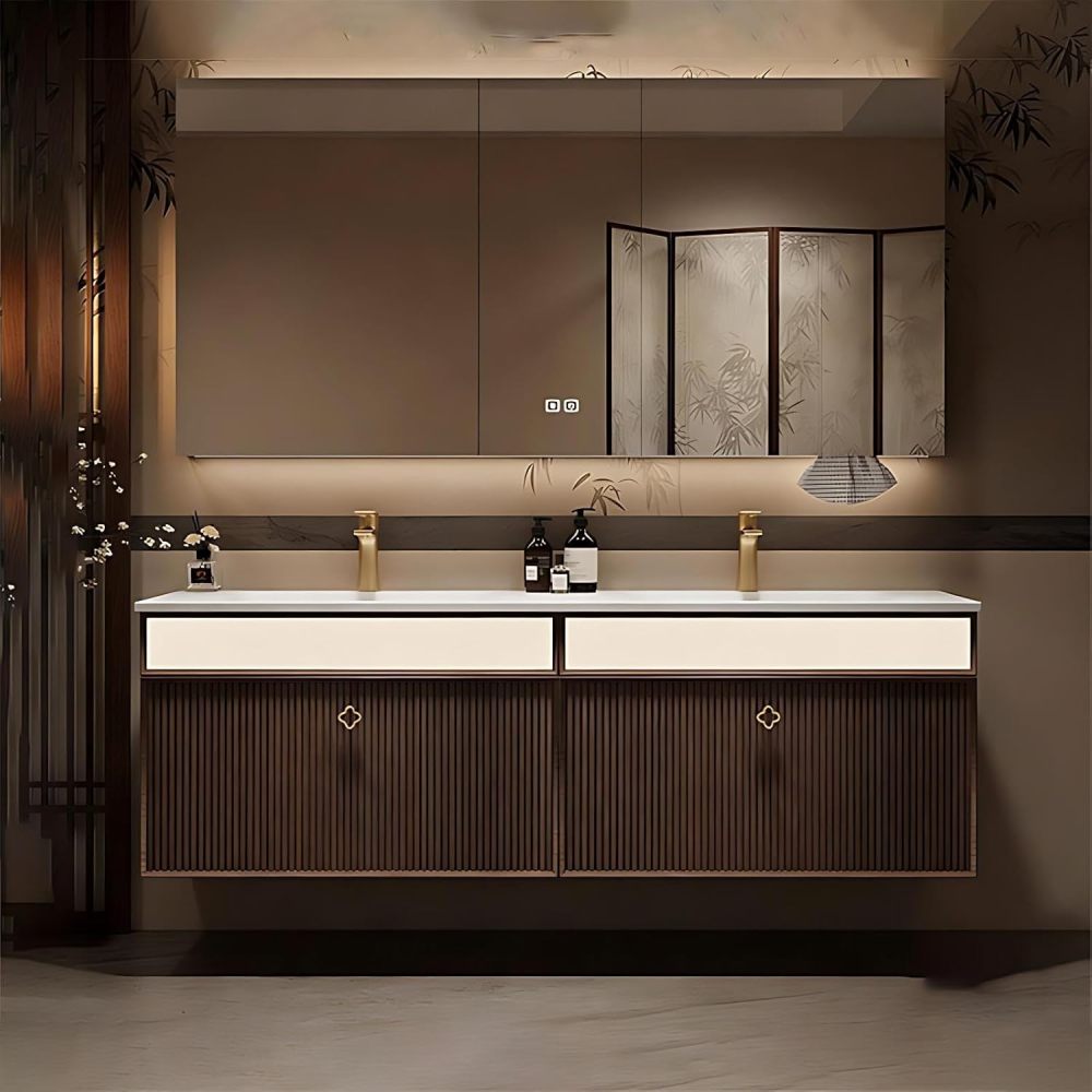 88IN Double Sink Bathroom Vanity - Modern Bathroom Vanity with Smart Defog Mirror & 2 Large Capacity Drawers, Floating Sink Cabinet with Seamless Sink, No Assembly Required, Mirror Cabinet