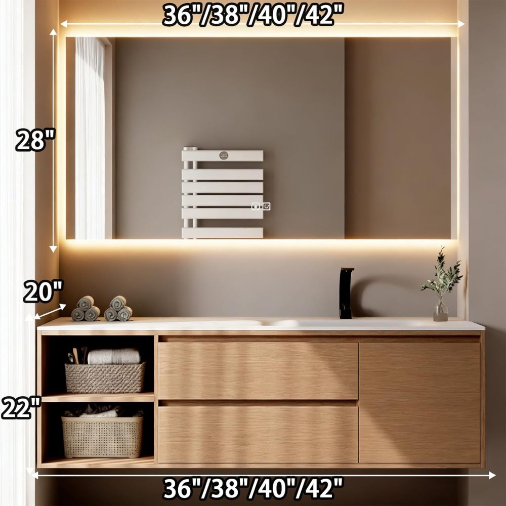 38IN Bathroom Vanity - Modern Bathroom Vanity with Smart Defog Mirror Cabinet, One-Touch Defog, Multi-Layer Solid Wood Sink Cabinet with Multiple Storage Areas, Wood