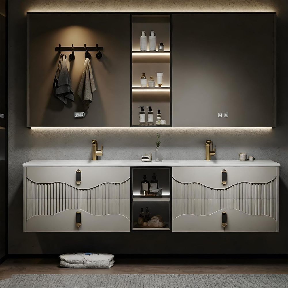 102IN Double Sink Bathroom Vanity - Modern Bathroom Vanity with Smart Defog Mirror, Floating Bathroom Sink Cabinet with 4 Drawers & Seamless Sink, No Assembly Required, Grey