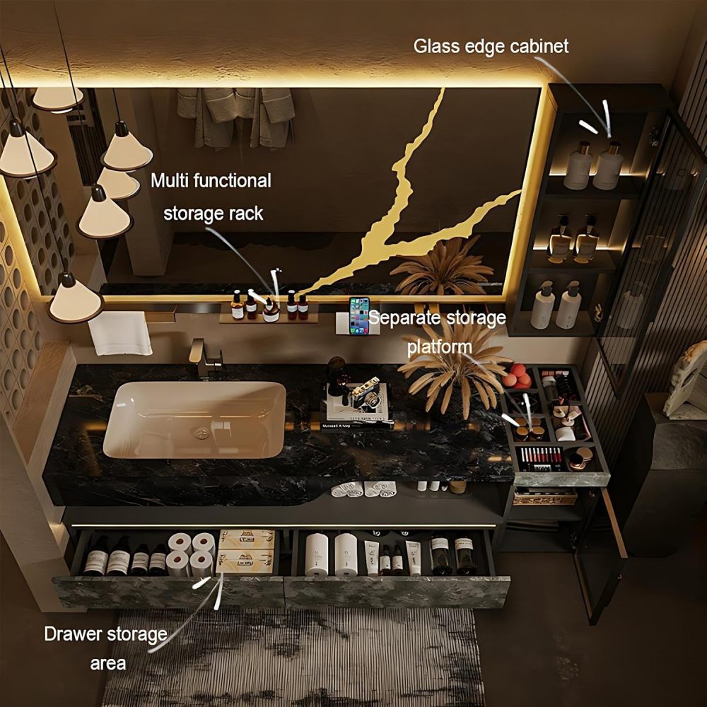 88IN Bathroom Vanity with Sink - Bathroom Sink Cabinet with Motion Sensor Lighting, Floating Vanity, Intelligent Defogging, Waterproof, Custom Size Option - Complete Accessories, Black