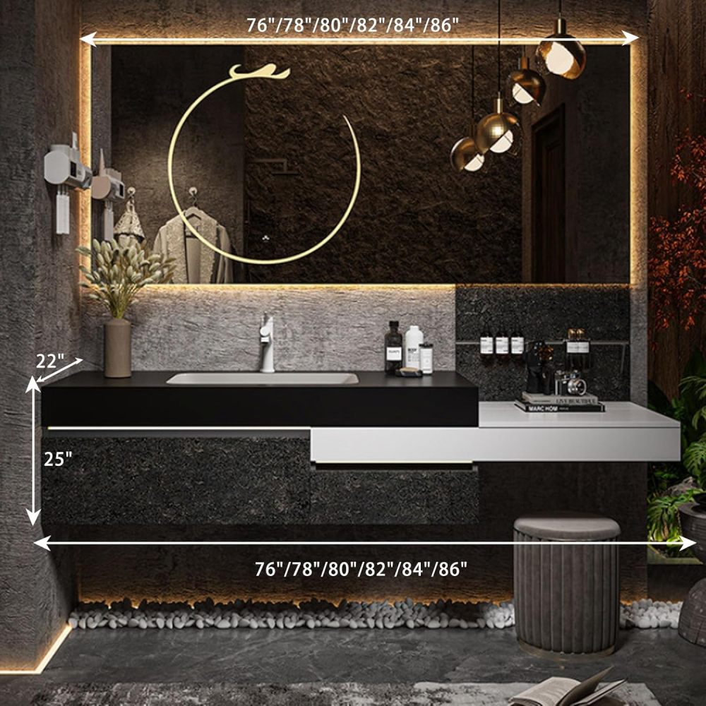 82IN Bathroom Vanity with Sink - Floating Sink Cabinet with Smart Defog Mirror, Modern Bathroom Vanity with Storage & Makeup Vanity, Includes Makeup Stool, No Assembly Required, Black