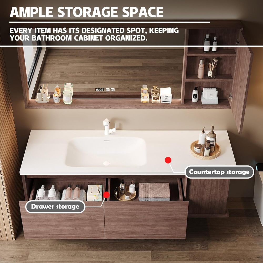 92IN Solid Wood Bathroom Vanity with Sink - Retro Bathroom Vanity Cabinet with Smart Defog Mirror, Floating Wall-Mount Design, Waterproof, Ample Storage for Bathroom, Brown
