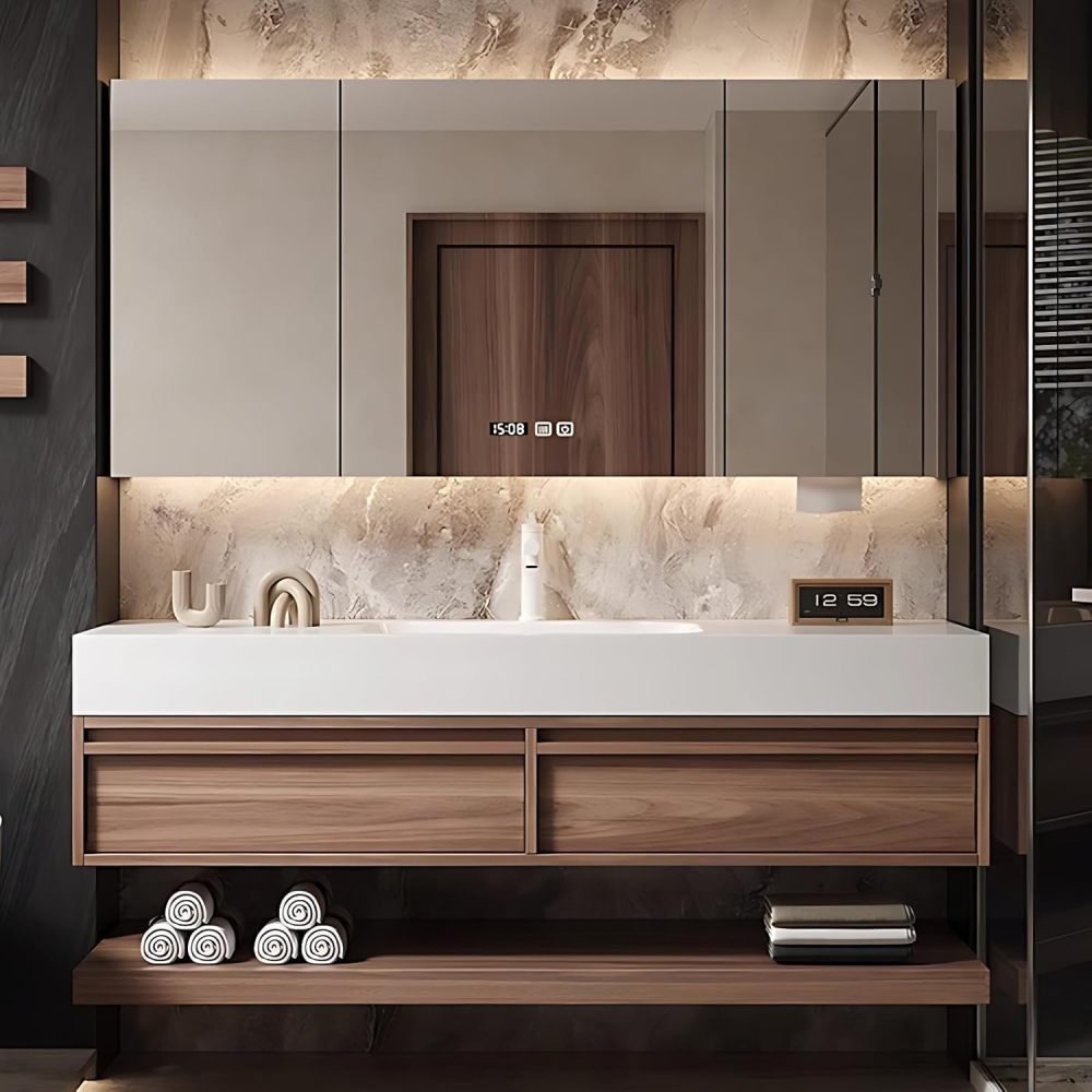 Modern Bathroom Vanity with Sink - Floating Bathroom Vanity with Smart LED Defog Mirror Medicine Cabinet, Solid Wood Sink Cabinet with 2 Drawers (60IN)