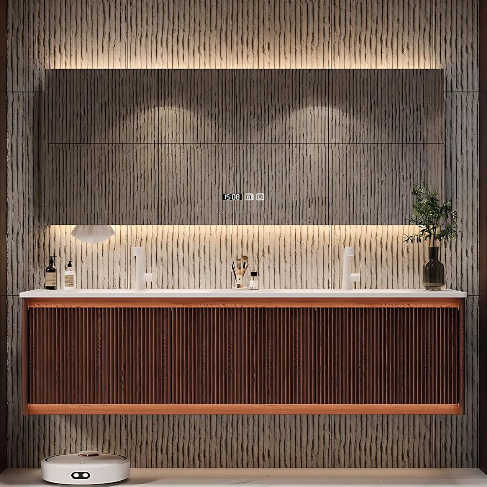 86IN Bathroom Vanity with Sink - Floating Bathroom Vanity with Sink and Smart Defog Mirror, Solid Wood Bathroom Sink Cabinet with 2 Large Drawers, No Assembly Required, Wood