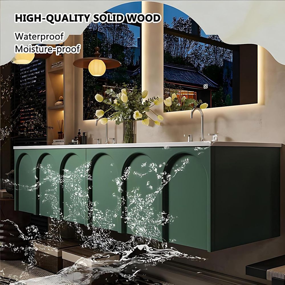 92IN Luxury Bathroom Vanity with Sink - Bathroom Vanity Cabinet with Drawers, Double Floating Sink Design, Intelligent Defogging, Customizable Sizes - Easy to Install, Green