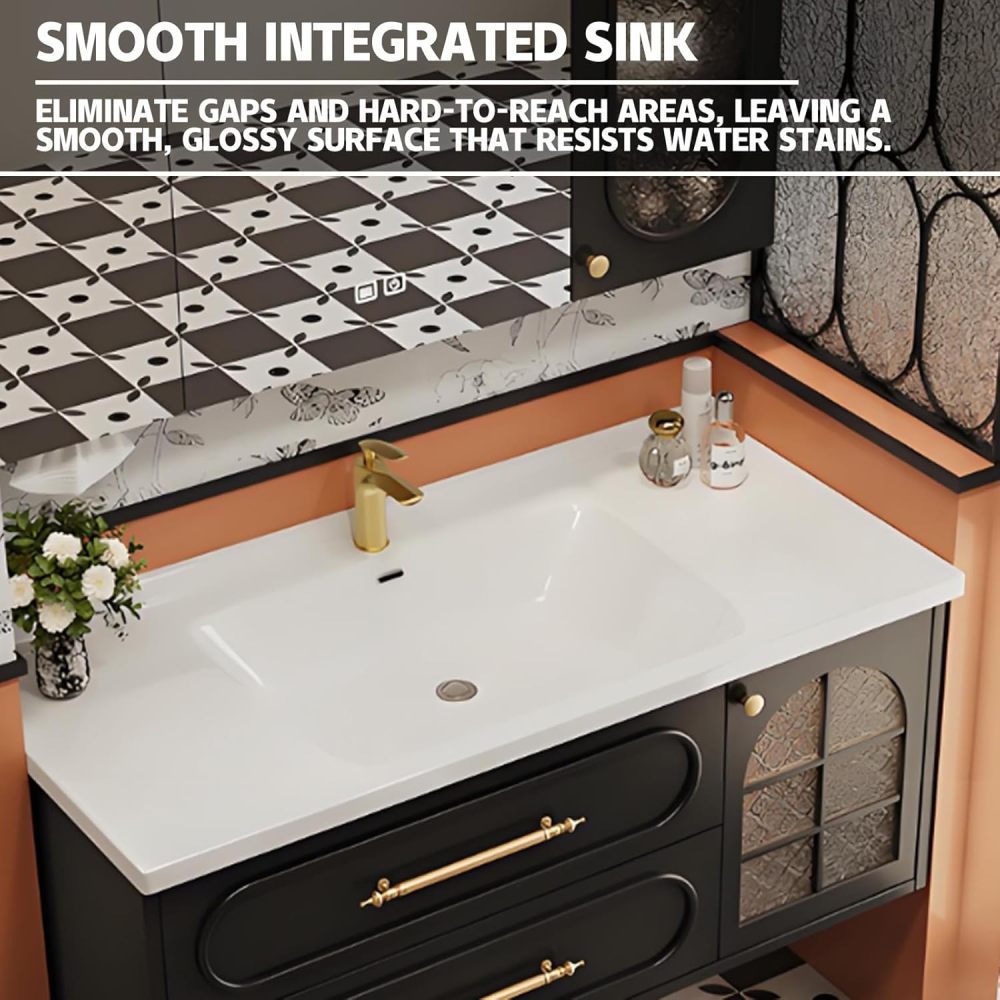 84IN Modern Solid Wood Bathroom Vanity with Sink - Stylish Wall-Mounted Vanity Cabinet with Smart Anti-Fog Mirror, Integrated Stone Sink, Silent Drawers & Customizable Sizes, Mirror D