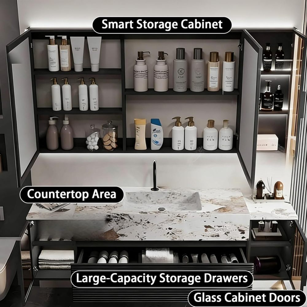 84IN Bathroom Vanity - Modern Bathroom Vanity with Smart Defog Mirror, One-Touch Defog & Lighting, Floating Sink Cabinet with Drawer & Door, No Assembly Required, Black