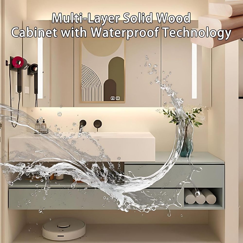 86IN Bathroom Vanity with Sink - Modern Bathroom Vanity with Smart Defog Mirror Cabinet, One-Touch Defog & Lighting, Solid Wood Sink Cabinet with 2 Drawers & Open Storage, Wood - B