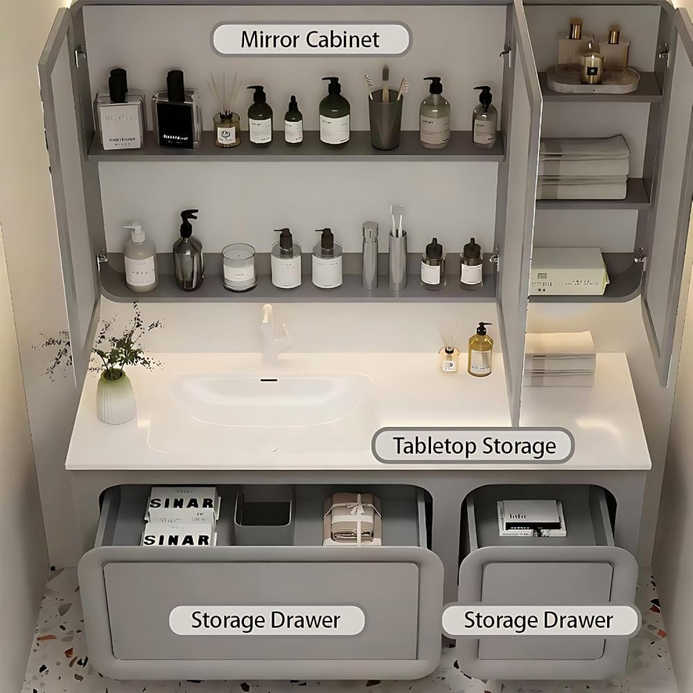58IN Bathroom Vanity with Sink - Modern Floating Vanity with Smart Anti-Fog Mirror, Solid Wood Bathroom Sink Cabinet, Large Storage Space, Customizable - Complete Accessories, Grey