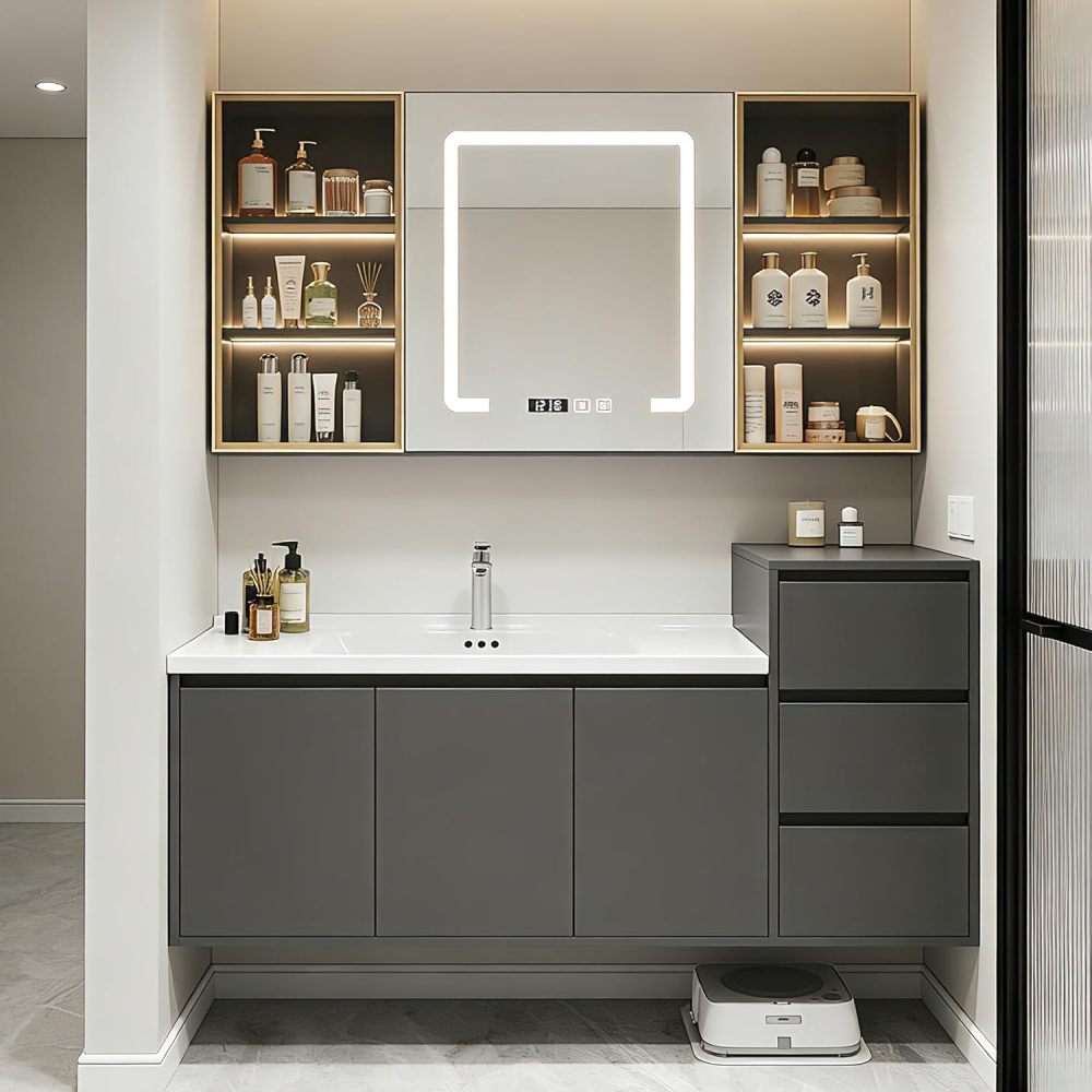 78IN Bathroom Vanity - Floating Bathroom Vanity with Seamless Sink & Multi-Functional Storage Cabinet, Includes Smart Defog Mirror, One-Touch Defog & Lighting, No Assembly Required, Gray