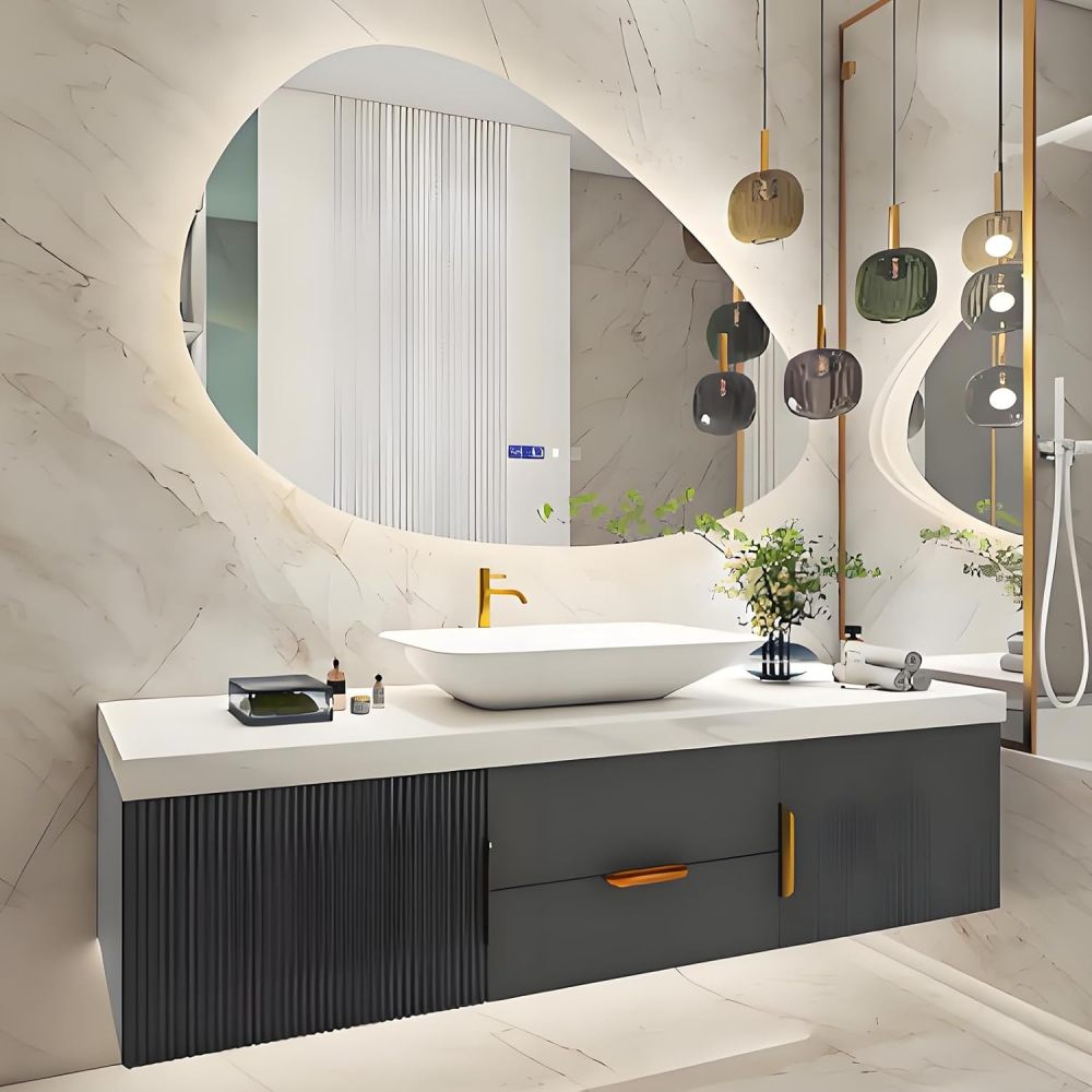 78IN Bathroom Vanity with Sink - Modern Bathroom Sink Cabinet with Storage, Floating Vanity with Smart Defogger Mirror & Sintered Stone Top, Solid Wood - Easy to Install, Black B