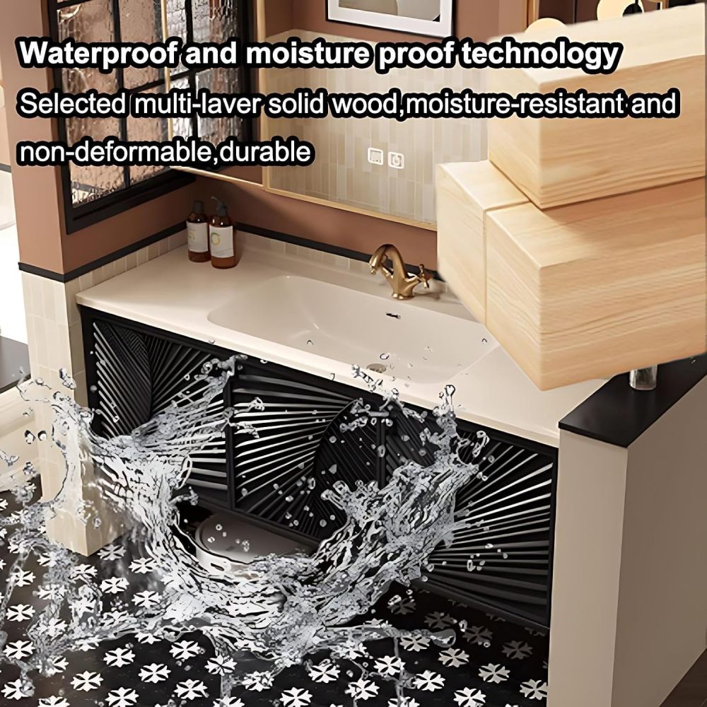 60IN Bathroom Vanity with Sink - Floating Bathroom Vanity with Seamless Sink and Smart Defog Mirror, Solid Wood Bathroom Sink Cabinet with 3 Doors, No Assembly Required, Black