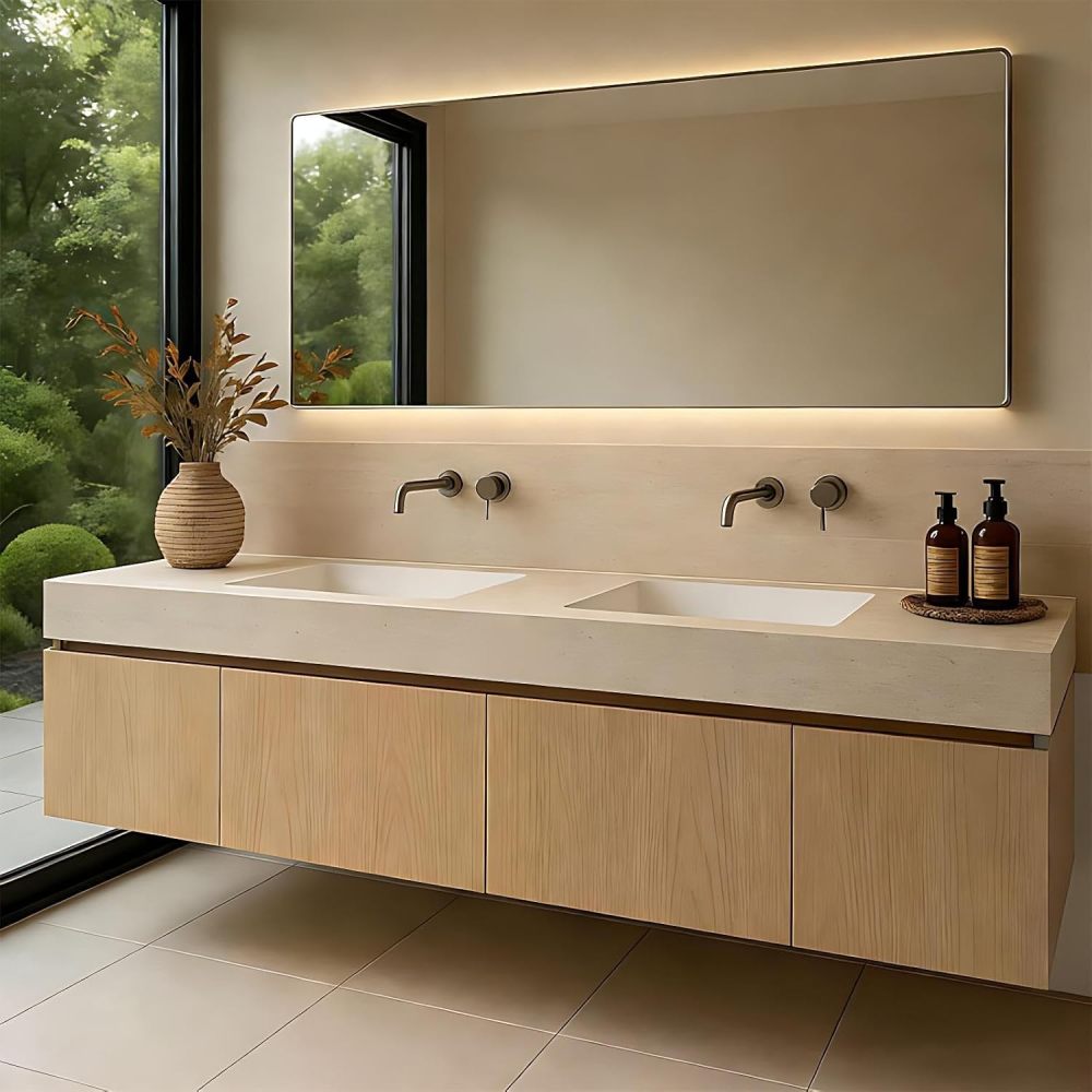 60 inch Double Sink Bathroom Vanity - Floating Vanity with Sink, Anti-Fog Mirror, Soft Close Drawers, Seamless Basin, Waterproof Finish, Excellent Wood, Fully Assembled, Wood