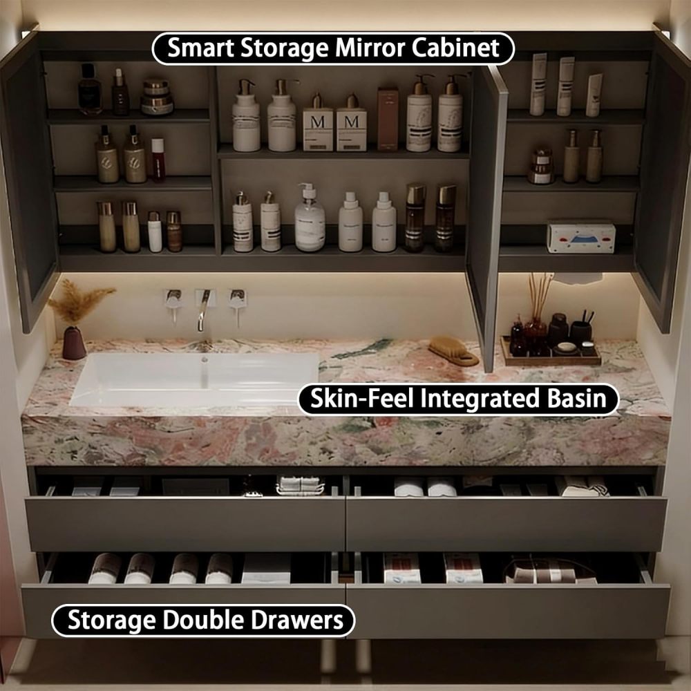 68IN Bathroom Vanity - Solid Wood Bathroom Vanity Set with Seamless Sink & Smart Defog Mirror, Anti-Fog Technology & Light, Floating Sink with 4 Large Capacity Drawers, Gray