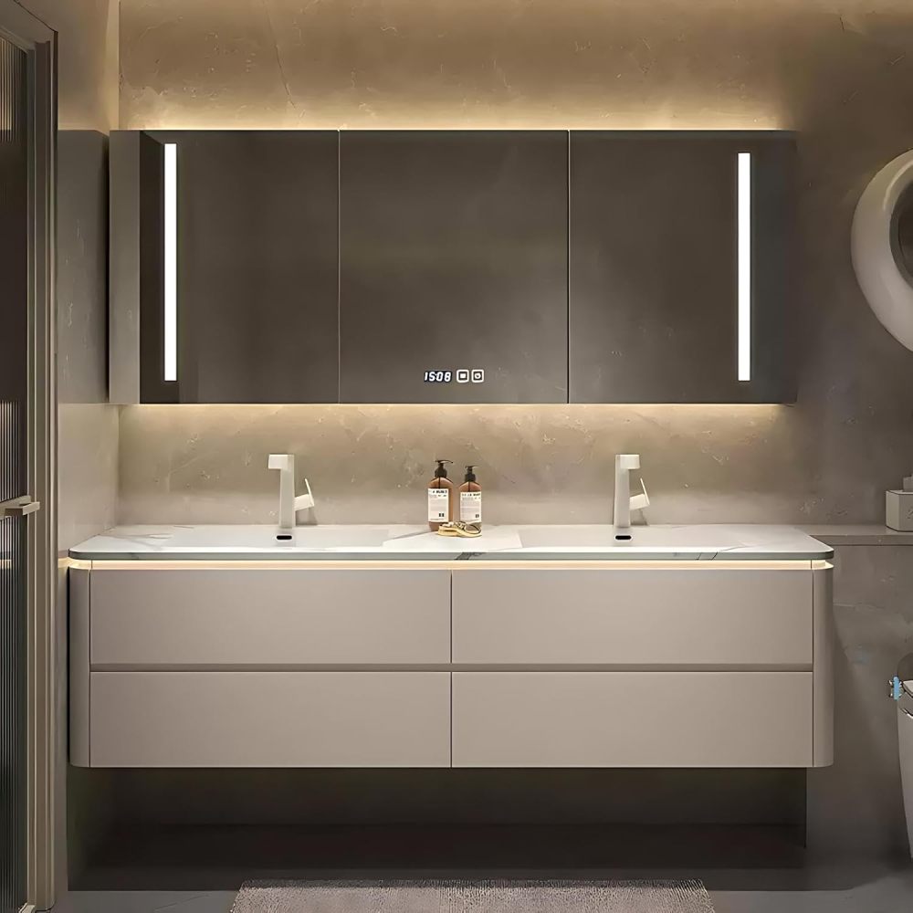 62IN Bathroom Vanity with Sink - Single|Double Floating Sink, Solid Wood Bathroom Vanity Cabinet with Smart Anti-Fog Mirror, Waterproof, Customizable - Complete Accessories,Double Slot