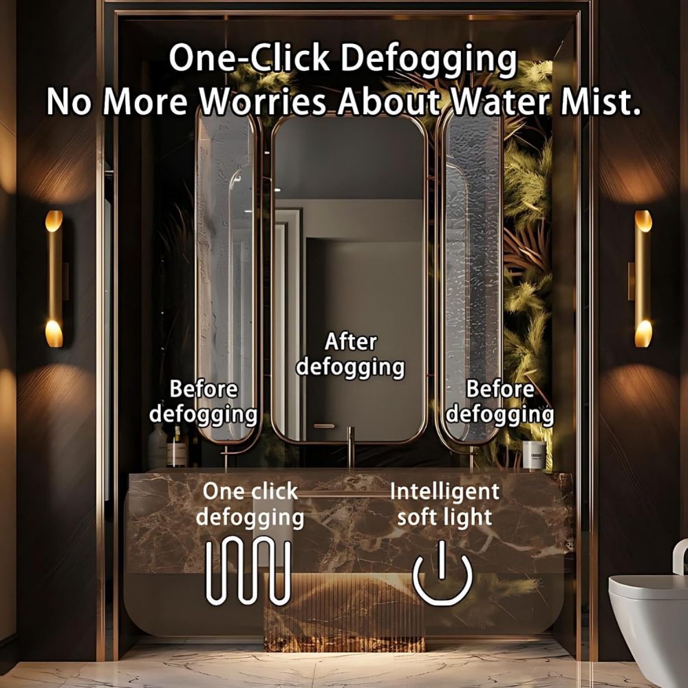 98IN Bathroom Vanity - Luxury Bathroom Vanity with Smart Defog Mirror, One-Touch Defog, Floating Sink Cabinet with Seamless Sink & Towel Rack, No Assembly Required, Brown