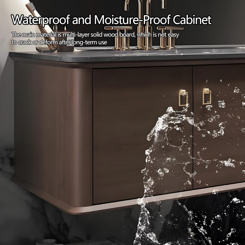90IN Bathroom Vanity with Sink - Stylish Bathroom Vanity Cabinet with Smart Anti-Fog Round Mirror, Single Floating Sink Design, Waterproof Storage & Multi Layer Solid Wood, Style A