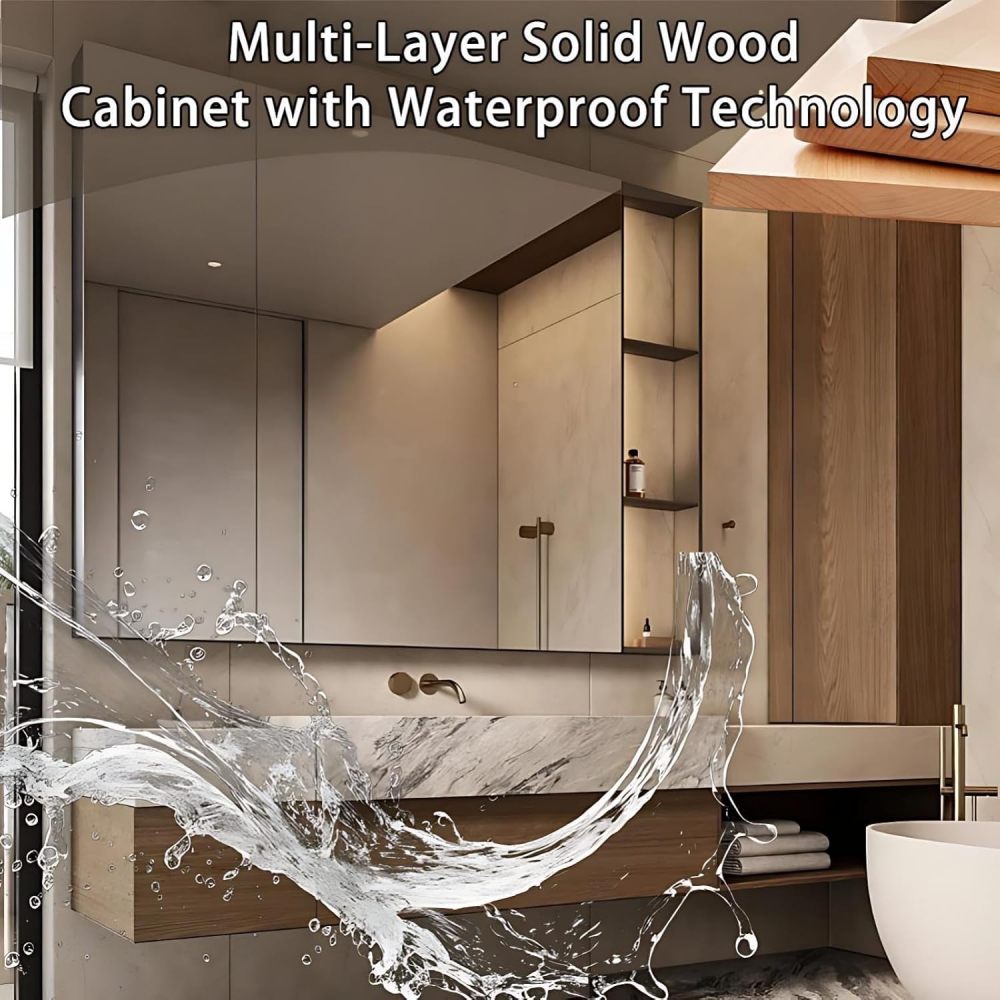 54IN Bathroom Vanity - Luxury Bathroom Vanity with Anti-Fog Mirror Cabinet, Solid Wood Bathroom Sink Cabinet with Multiple Storage Areas, No Assembly Required, Wood - Mirror Cabinet