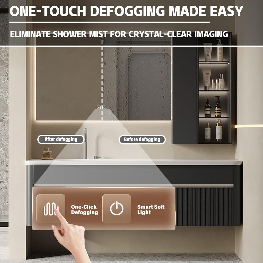 100IN Modern Solid Wood Bathroom Vanity with Sink - Bathroom Vanity Cabinet with Smart Anti-Fog Mirror, Integrated Stone Sink, Silent Drawers - Customizable Size, Brown