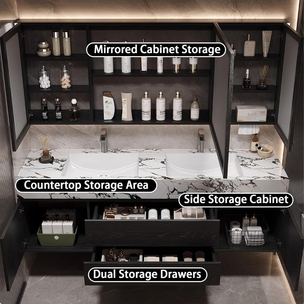82IN Bathroom Vanity - Solid Wood Bathroom Vanity with Sink & Smart Defog Mirror, Floating Sink Cabinet with 2 Drawers and 2 Doors, No Assembly Required, Gray