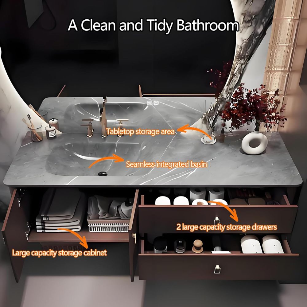 90IN Bathroom Vanity with Sink - Stylish Bathroom Vanity Cabinet with Smart Anti-Fog Round Mirror, Single Floating Sink Design, Waterproof Storage & Multi Layer Solid Wood, Style A