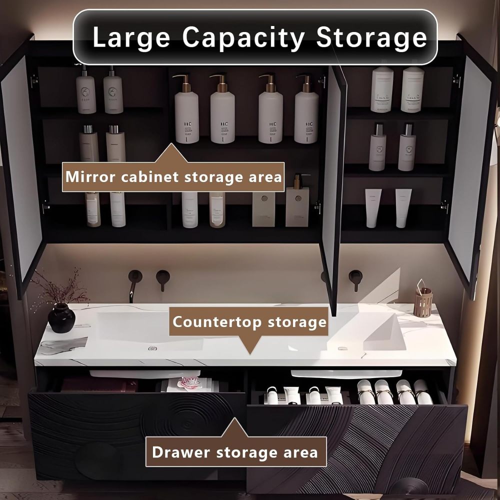 64IN Double Sink Bathroom Vanity - Luxury Bathroom Vanity with Smart Defog Mirror, One-Touch Defog & Lighting, Solid Wood Sink Cabinet with 2 Drawers, No Assembly Required, Mirror Cabinet