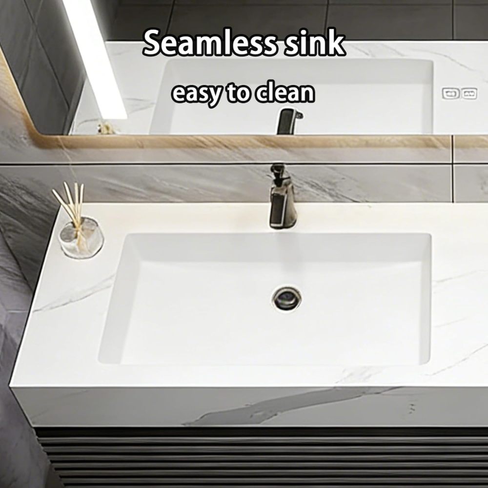 102IN Bathroom Vanity - Modern Bathroom Vanity with Anti-Fog Mirror Cabinet, One-Touch Defog & Lighting, Floating Sink Cabinet with Storage & Seamless Sink, No Assembly Required, Gary