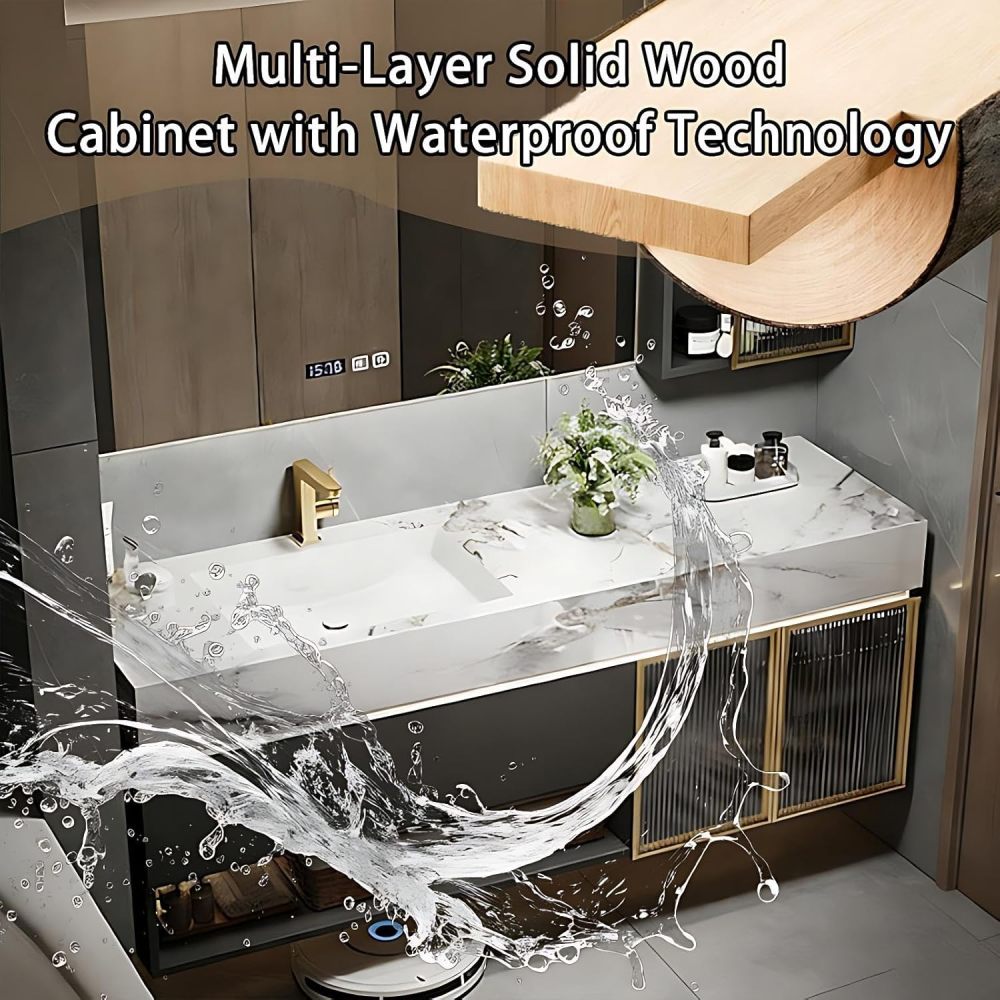 84IN Bathroom Vanity - Floating Bathroom Vanity with Smart Defog Mirror, One-Touch Defog & Lighting, Modern Sink Cabinet with Drawer & Doors, No Assembly Required, Grey