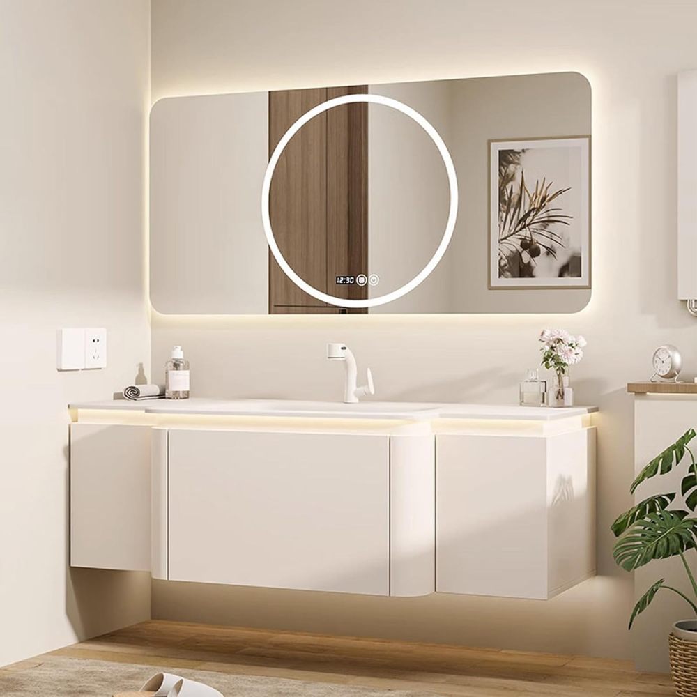 94IN Modern Solid Wood Bathroom Vanity with Sink - Single Floating Sink, Bathroom Vanity Cabinet with Smart Anti-Fog Mirror, Ample Storage, Integrated Stone Sink|Customizable, Mirror
