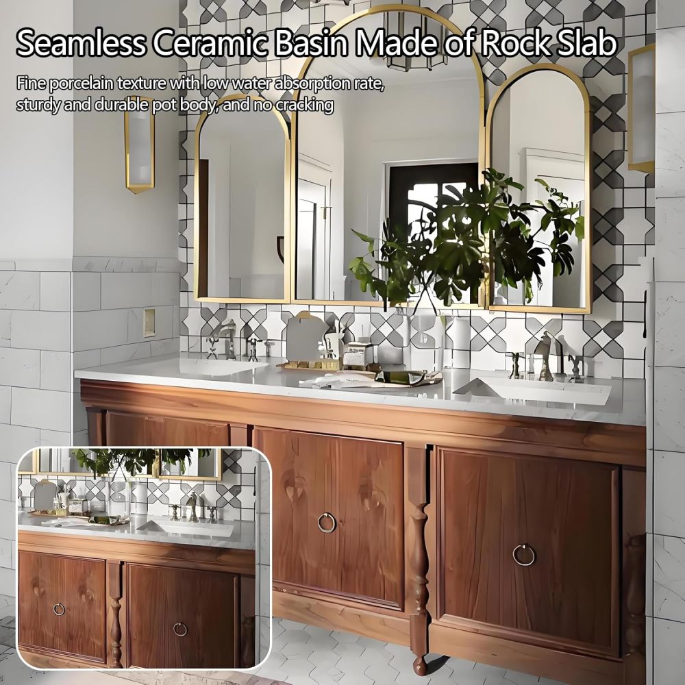 52IN Bathroom Vanity with Sink - Sink Bathroom Vanity Cabinet, Floor-Standing Vanities with Storage Space & Sintered Stone Basin, Multi-Layered Wood - Easy to Install, Brown