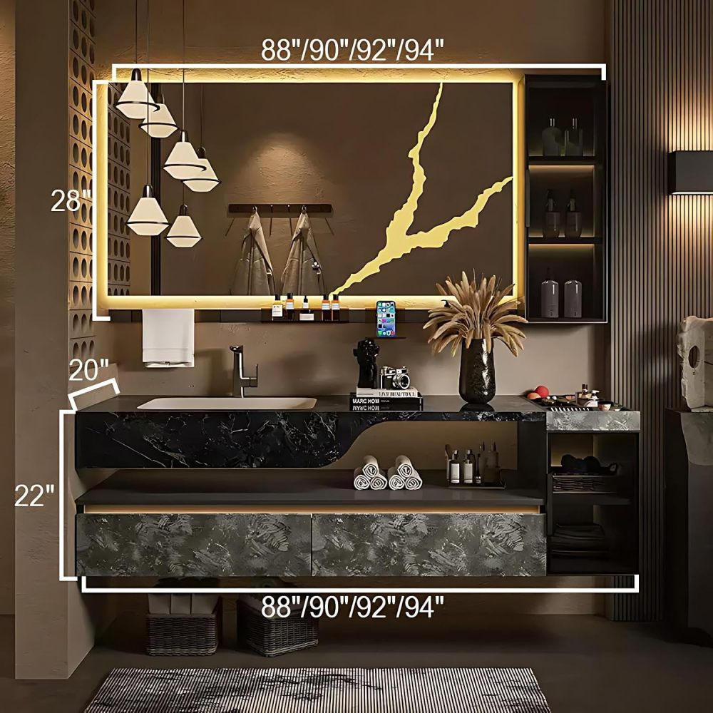 88IN Bathroom Vanity with Sink - Bathroom Sink Cabinet with Motion Sensor Lighting, Floating Vanity, Intelligent Defogging, Waterproof, Custom Size Option - Complete Accessories, Black