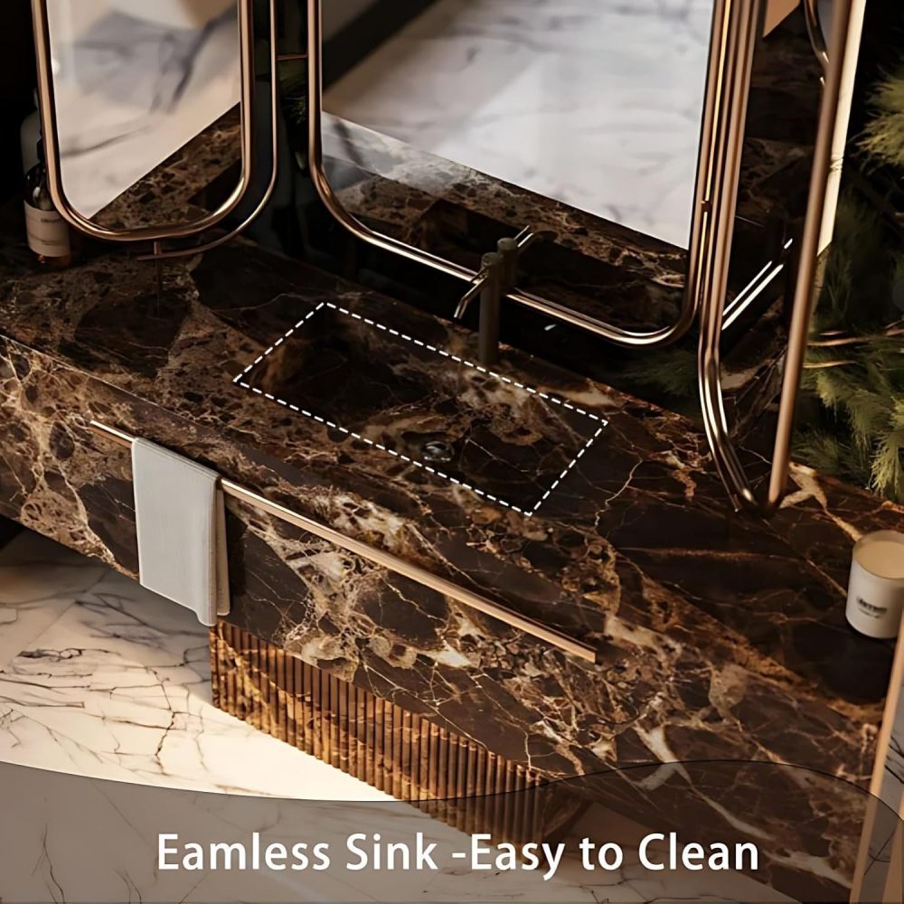 98IN Bathroom Vanity - Luxury Bathroom Vanity with Smart Defog Mirror, One-Touch Defog, Floating Sink Cabinet with Seamless Sink & Towel Rack, No Assembly Required, Brown