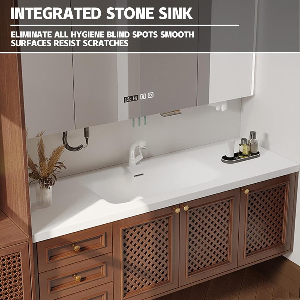 80IN Solid Wood Bathroom Vanity with Sink - Modern Single Bathroom Vanity Cabinet with Smart Defog Mirror & Ample Storage, Waterproof,Floating Design - Custom, Brown